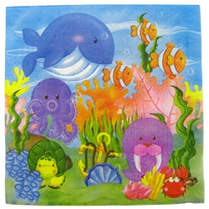 Коллекции Праздничной одноразовой посуды, колпачки, язычки-гудки. Коллекции одноразовой посуды. F 33см X 33см Салфетки Морские жители 20шт