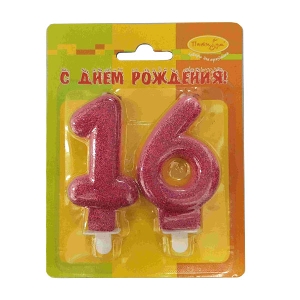 MC Свеча Цифра 16 розовая с блестками 6см