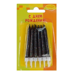 MC Свечи Черные с блестками 6см с держателями 12шт