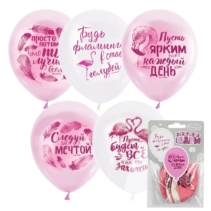 M 12/30см Набор шаров PINK&WHITE 2 ст. рис Фламинго Пожелания 5шт шар латекс